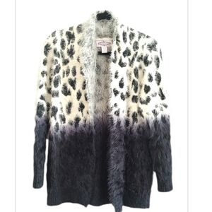 Oliver Fuzzy Cardigan Round Collar Animal Print Black Beige Open Front Size S